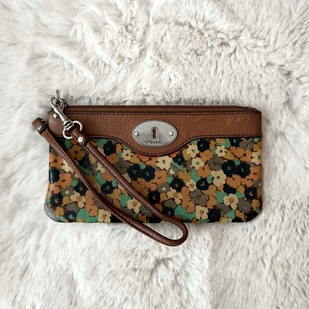FOSSIL Key Per floral print and brown leather wristlet